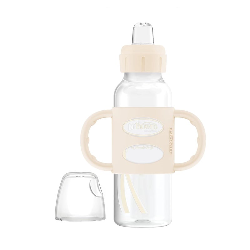Dr. Brown's Milestones Narrow Sippy Spout Bottle with 100% Silicone, Easy-Grip Handles and Soft Sippy Spout, 8oz/250mL, Ecru, 1-Pack, 6m+ - Image 1